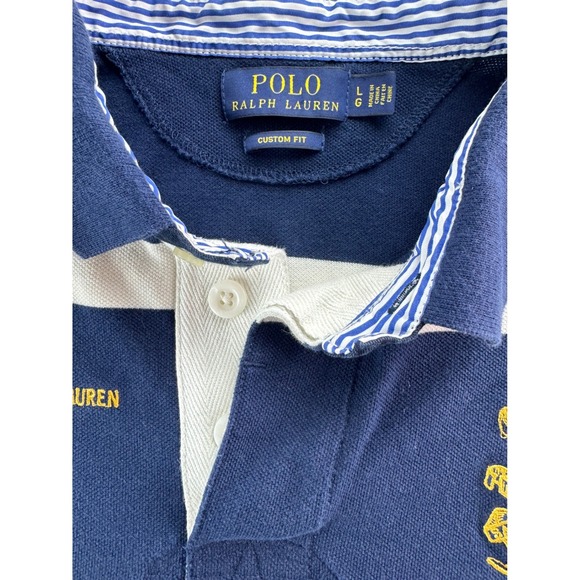 Polo Ralph Lauren Mens Custom Fit Striped Rugby Polo Shirt Navy White Sz LG Logo - Picture 4 of 16
